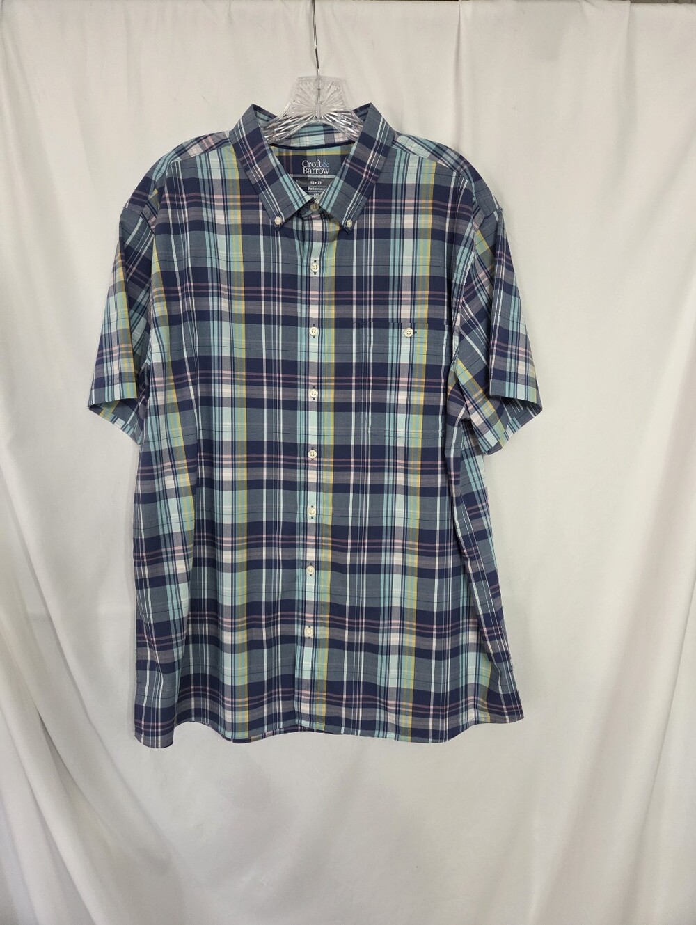 croft & barrow Slim Fit Performance Navy/Light Blue Plaid Button-Down Size XXL